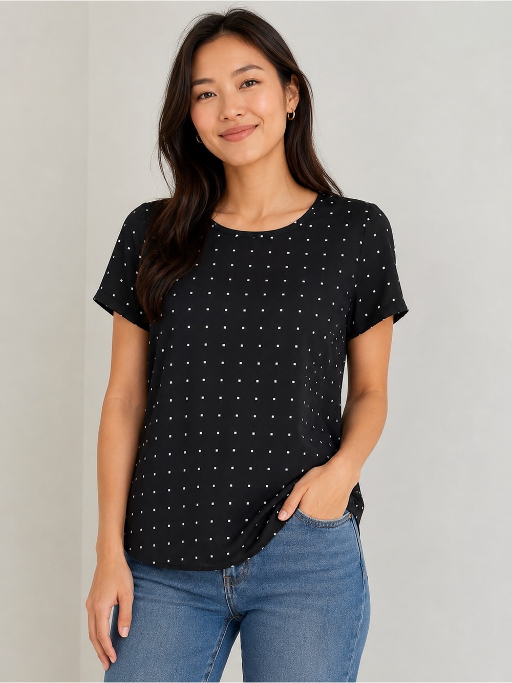Old Navy Black Polka Dot Blouse Medium Lightweight Work Top
